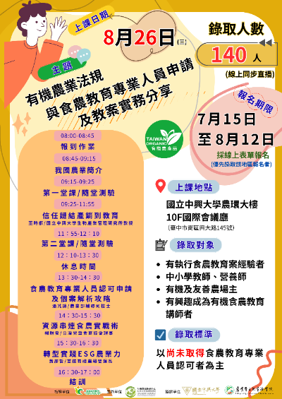 2026有機食農教育種子教師培訓課程中部興大場次-報名至115年8月12日止