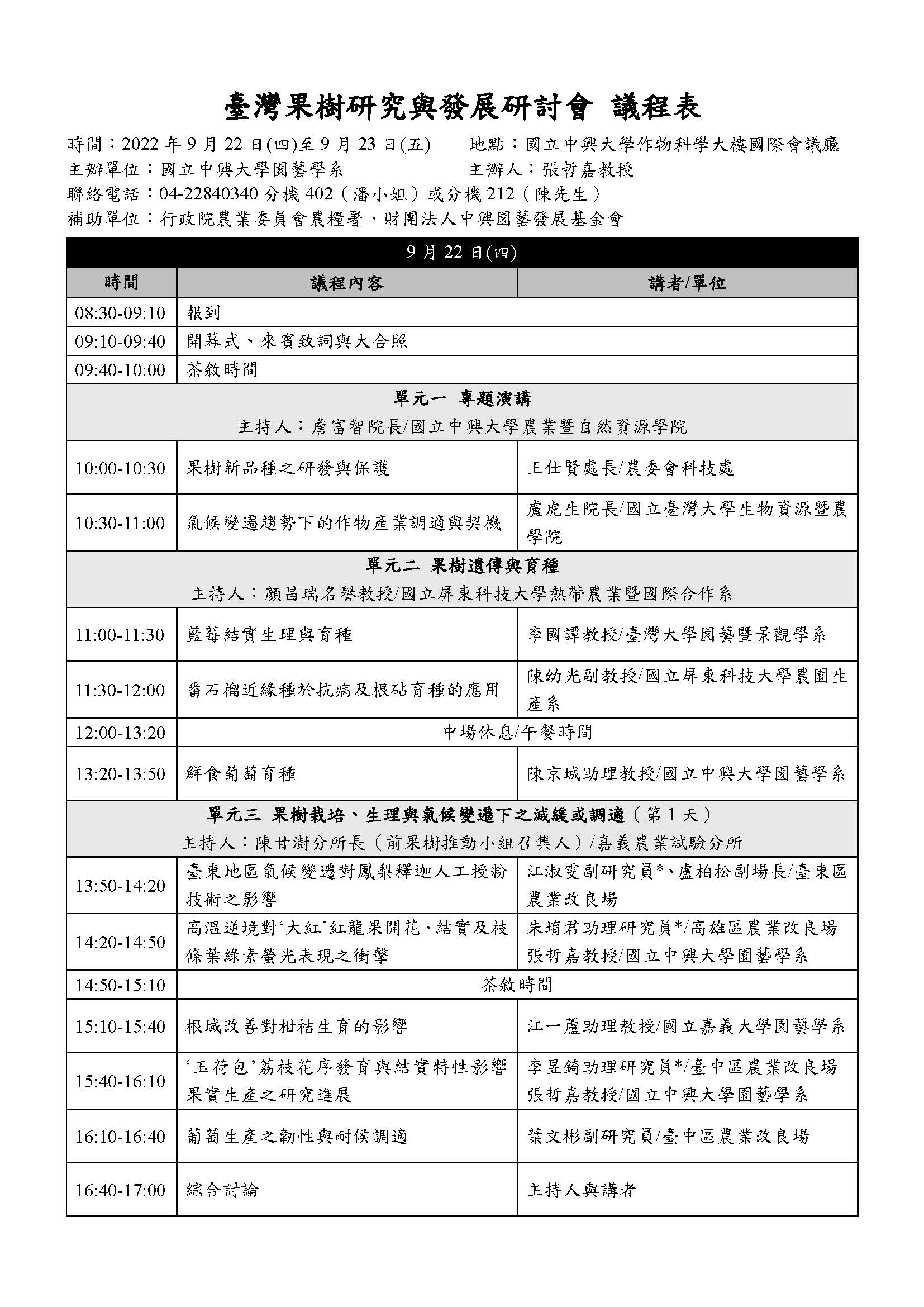 台灣果樹研究與發展研討會8月1日起開放報名(111年9月22日至9月23日)